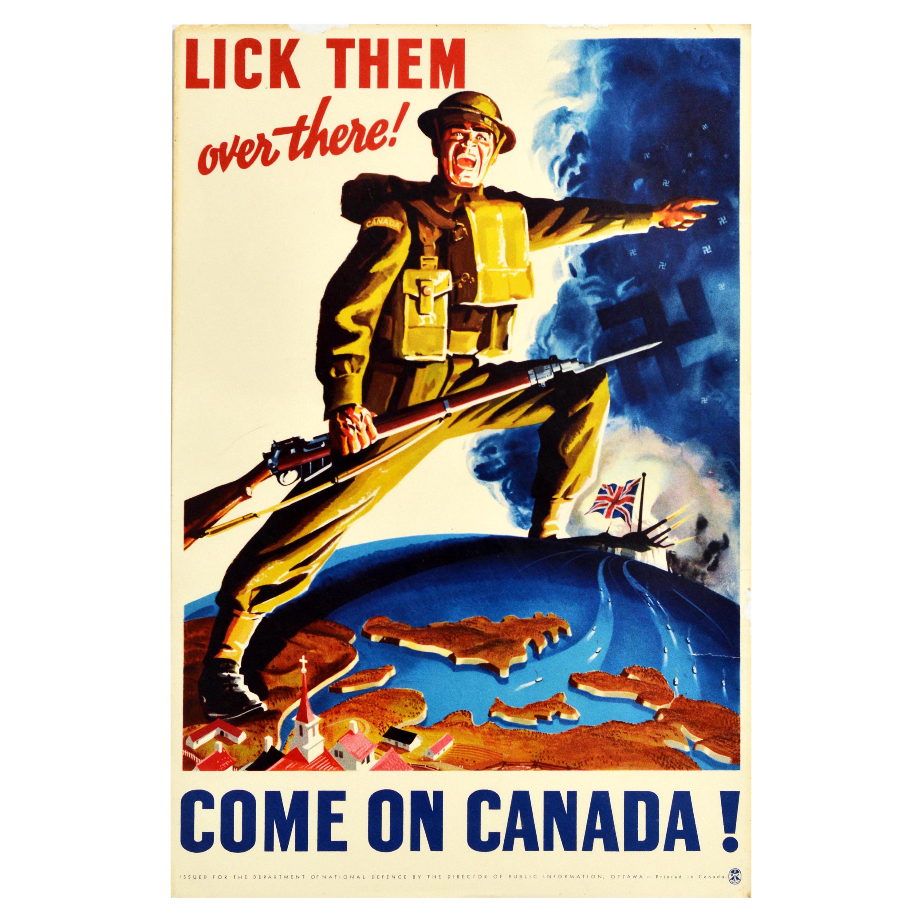 Original Vintage World War Two Poster Lick Them Over There WWII Canada Soldier For Sale