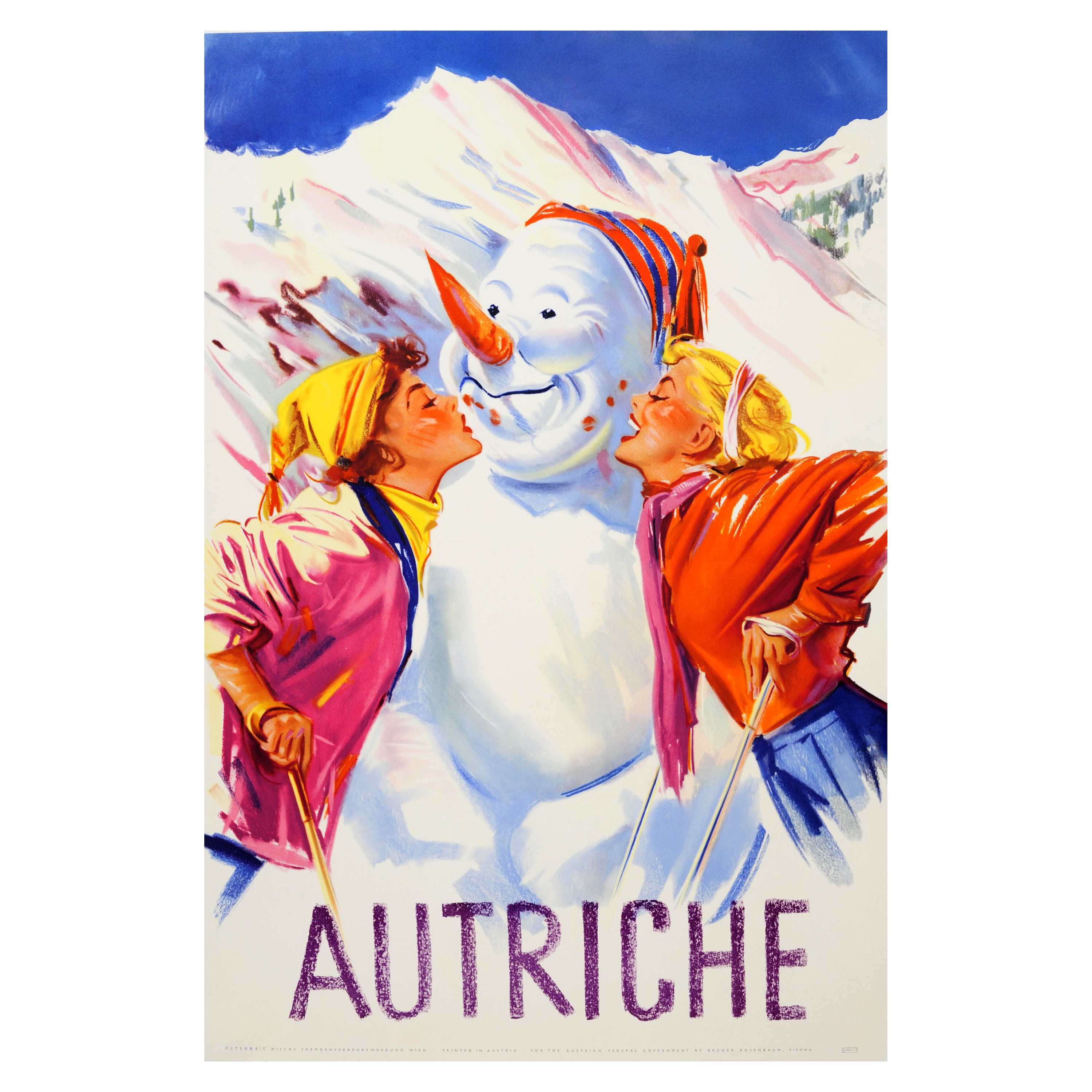 Affiche vintage originale de sports d'hiver Autriche, Snowman Kiss, Skiing Autriche