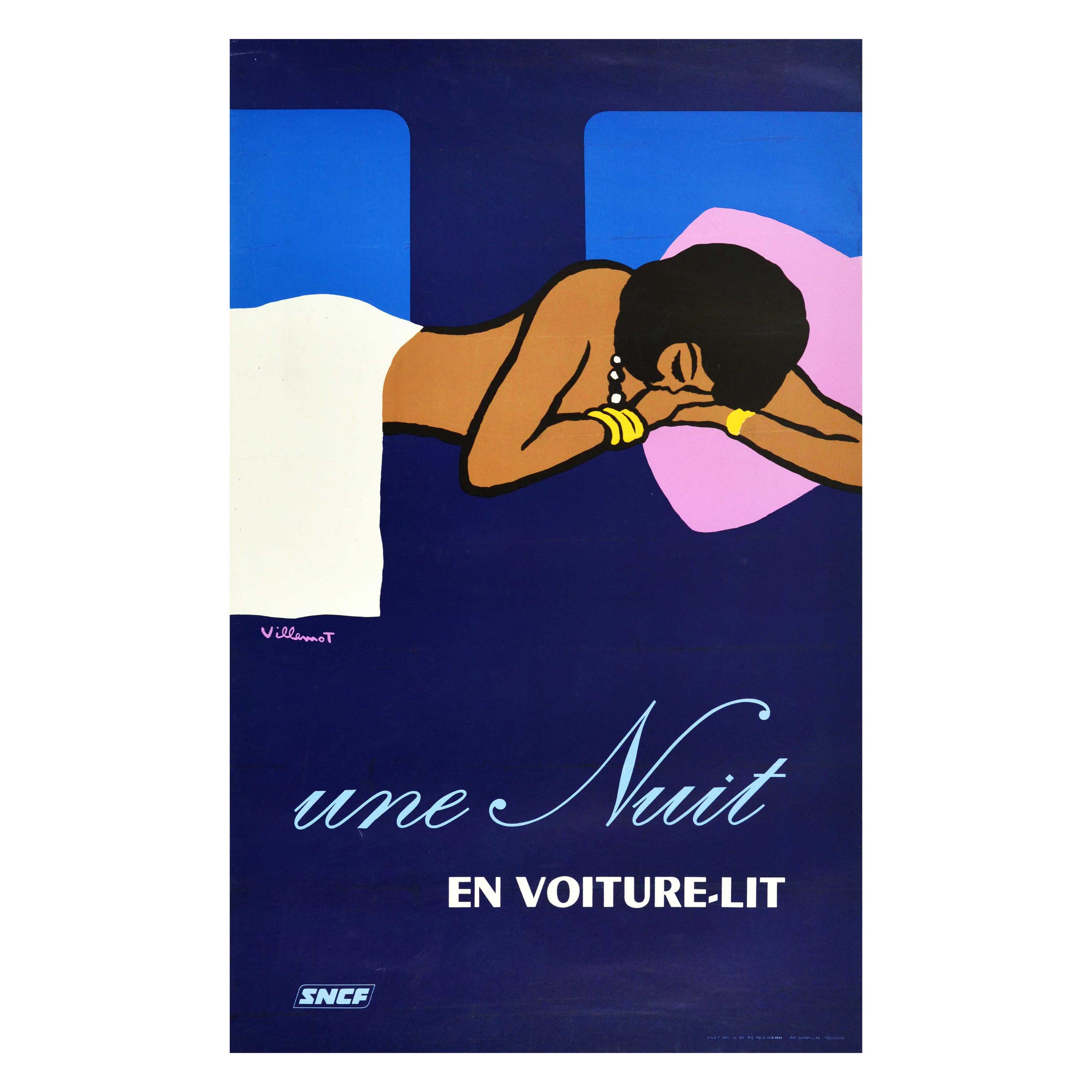 Affiche vintage d'origine de voyage en train Une Nuit Bernard Villemot SNCF Railway Art en vente