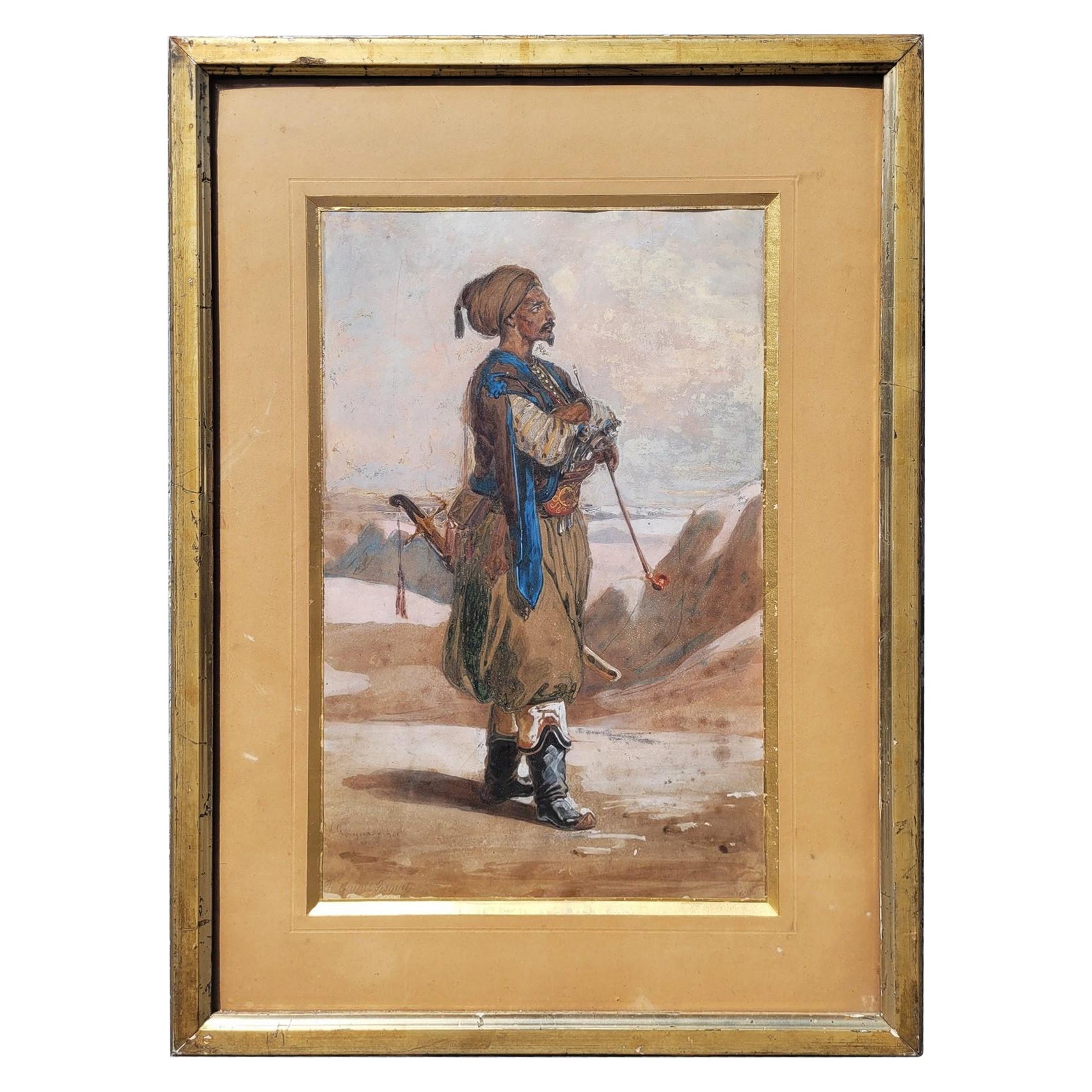 Goupil-fesquet, Orientalist Watercolor, Zouave Or Algerian Hunter, 19th Century For Sale