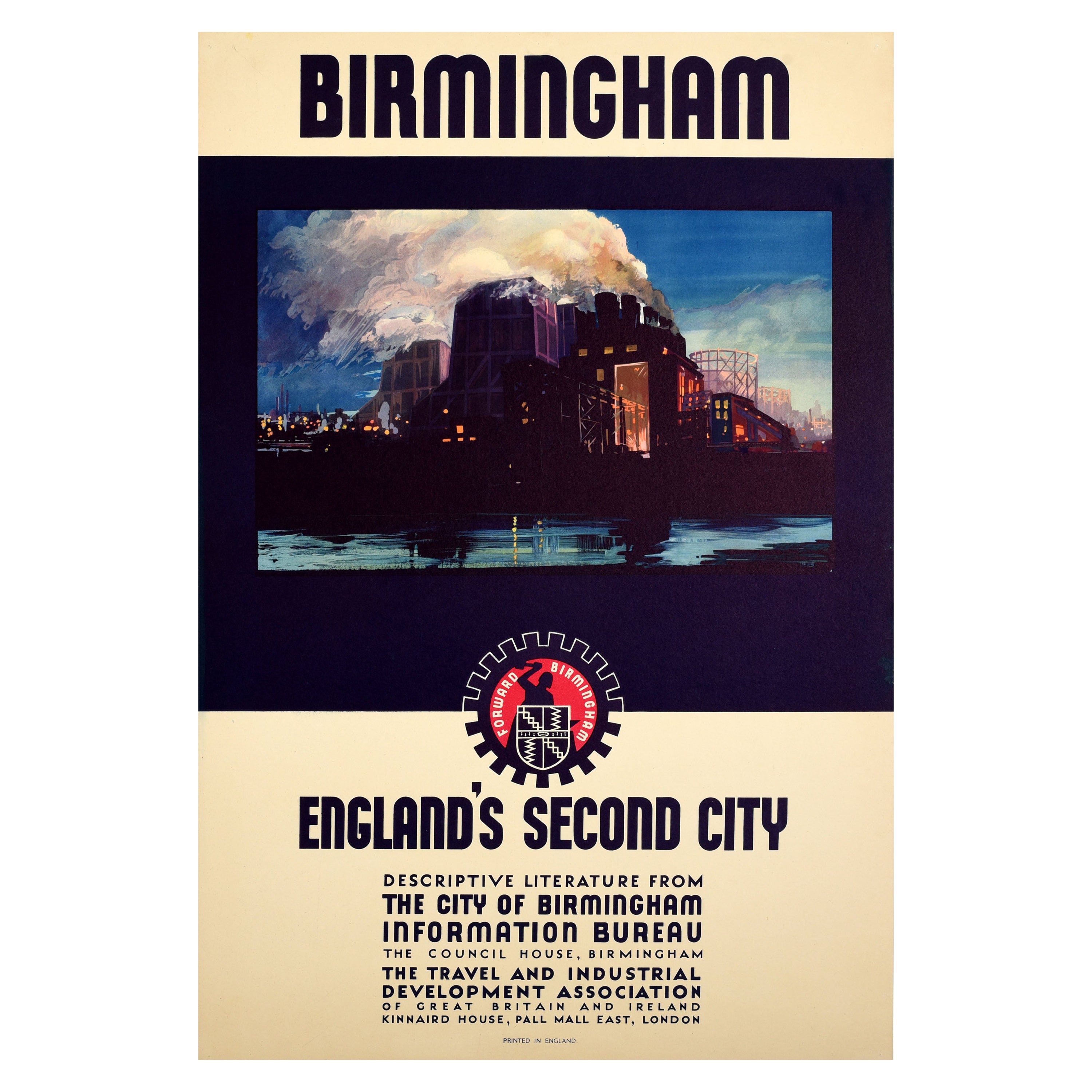 Affiche de voyage vintage d'origine Birmingham, Angleterre, deuxième ville de l'industrie Art déco en vente