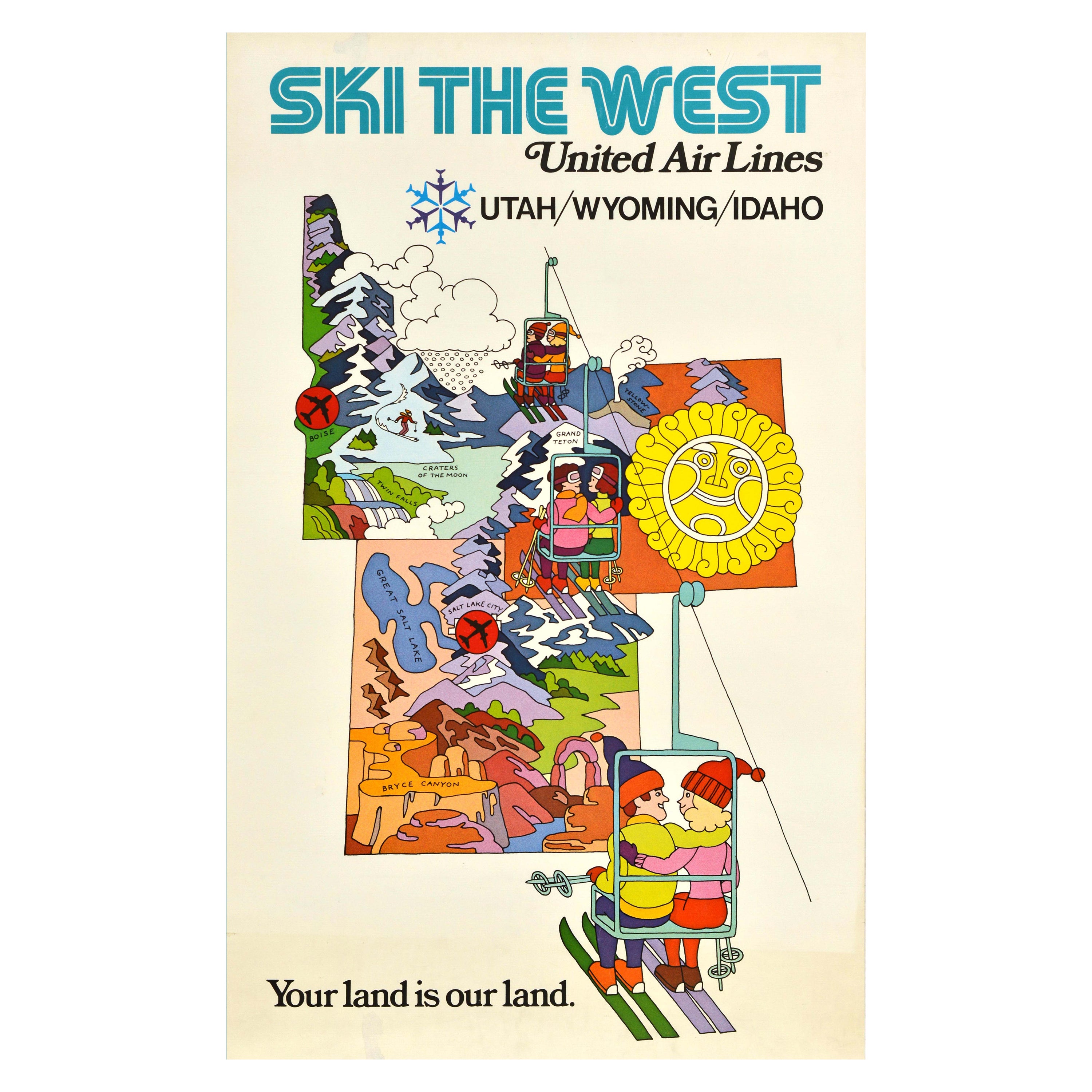 Poster di viaggio per sport invernali originale d'epoca United Air Lines Ski The West USA