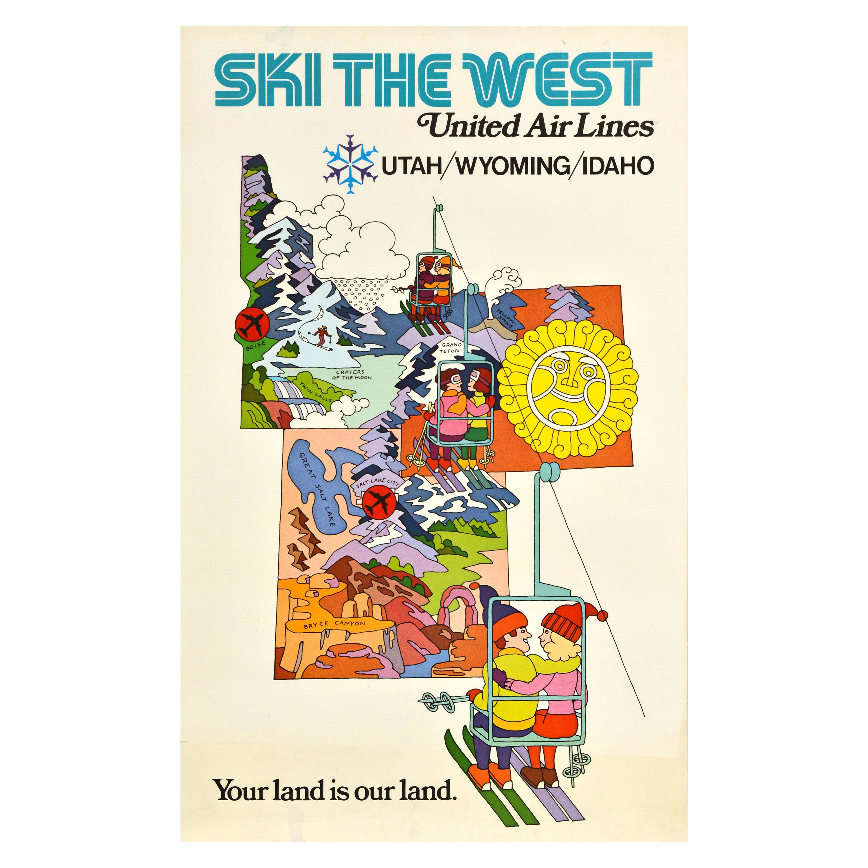 Original Vintage Winter Sport Travel Poster United Air Lines Ski The West USA For Sale