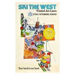 Original Vintage Winter Sport Travel Poster United Air Lines Ski The West USA