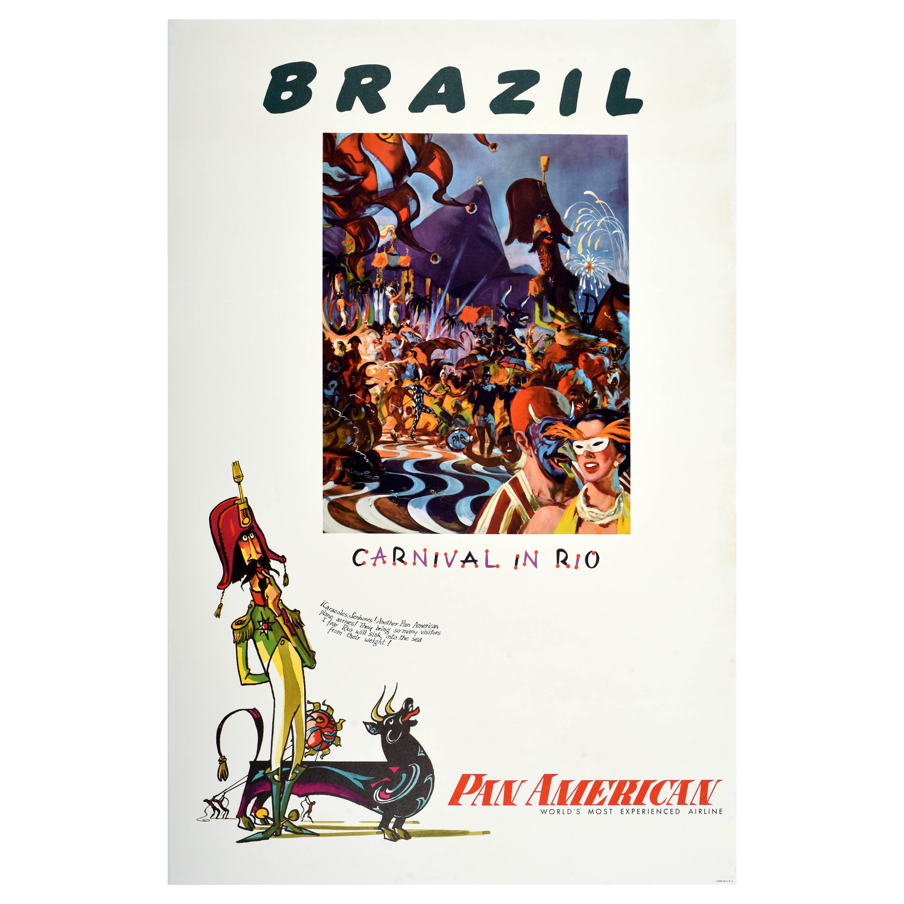 Original Vintage Travel Poster Brazil Pan Am Airline Carnival Rio De Janeiro Art For Sale