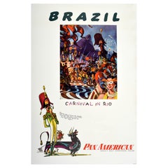 Original Vintage Cartel de Viaje Brasil Pan Am Aerolínea Carnaval Río De Janeiro Arte