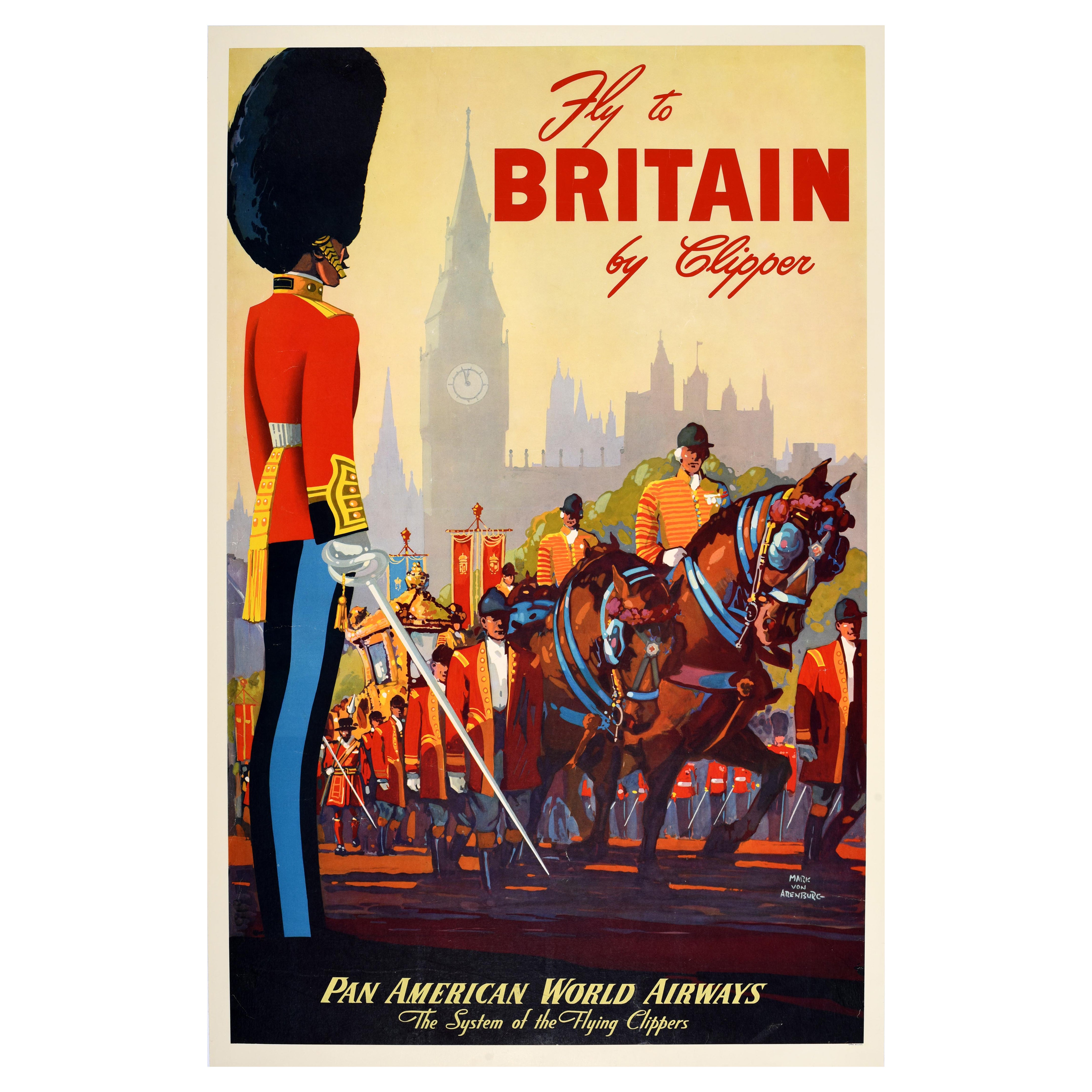 Original Vintage Travel Poster Britain Pan Am Airline Clipper Mark Von Arenburg For Sale