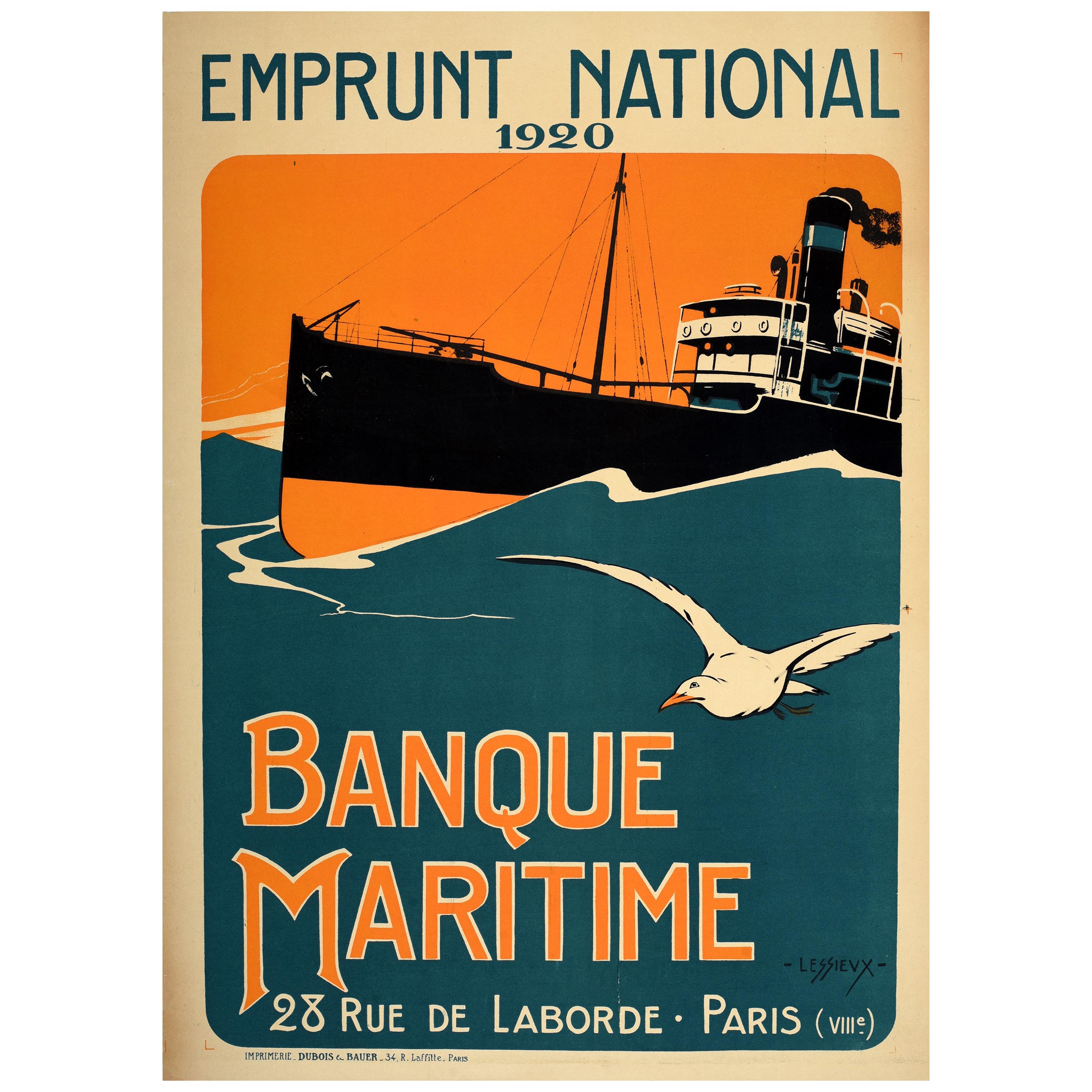 Original Antique French Poster Banque Maritime Bank France Navy Emprunt National For Sale