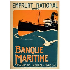 Affiche française ancienne Banque Maritime Bank France Navy Emprunt National