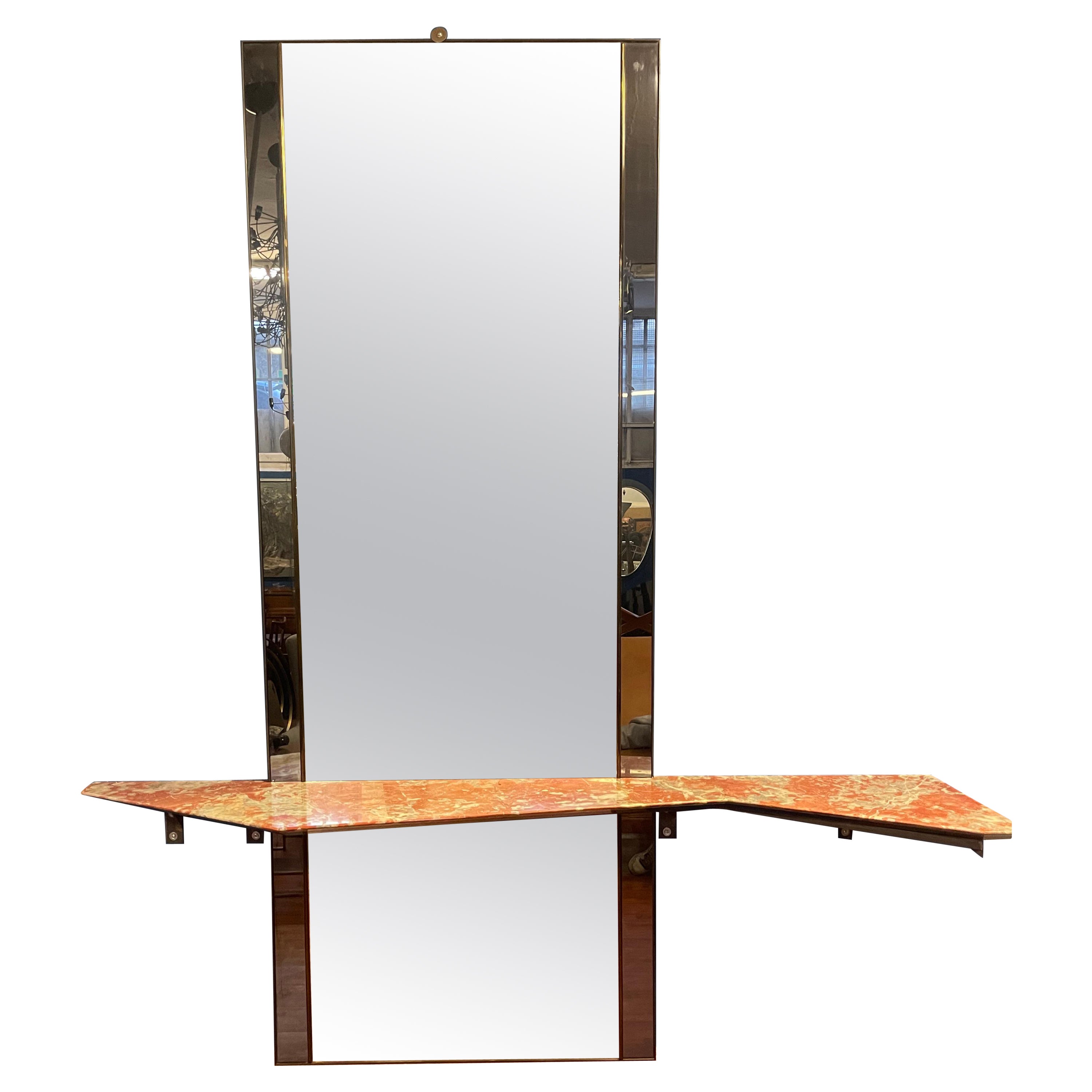 Imposing Mirror with Large Red Marble Console - Italy - 1960s For Sale