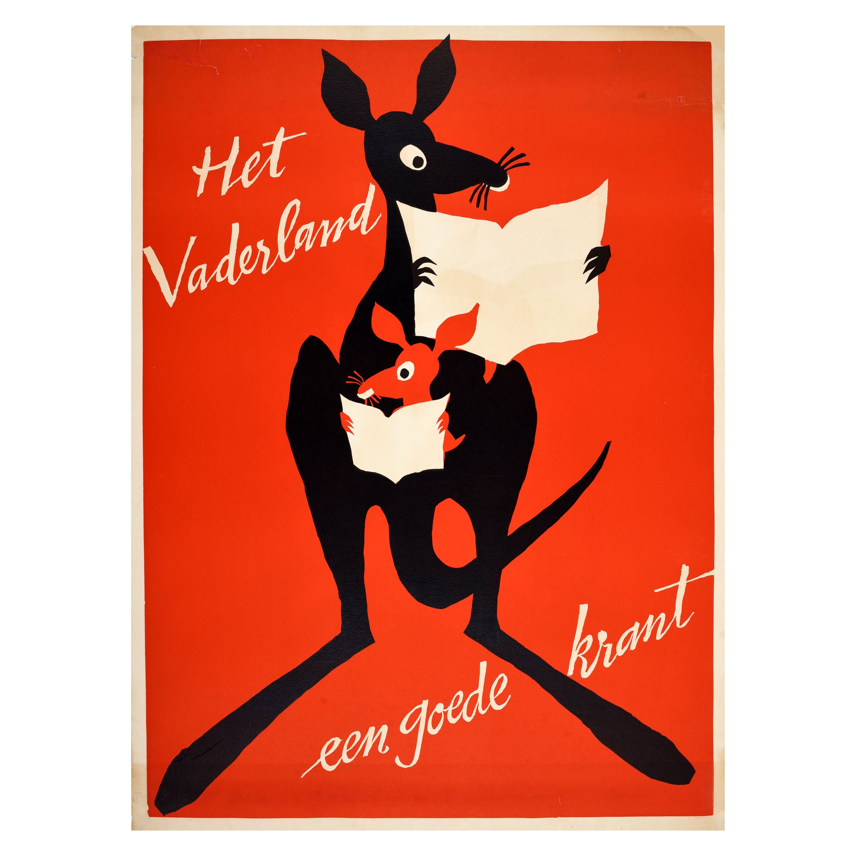 Original Vintage Advertising Poster Het Vaderland Newspaper Reading Kangaroo