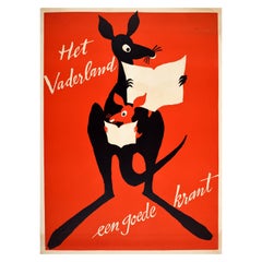 Original Retro Advertising Poster Het Vaderland Newspaper Reading Kangaroo