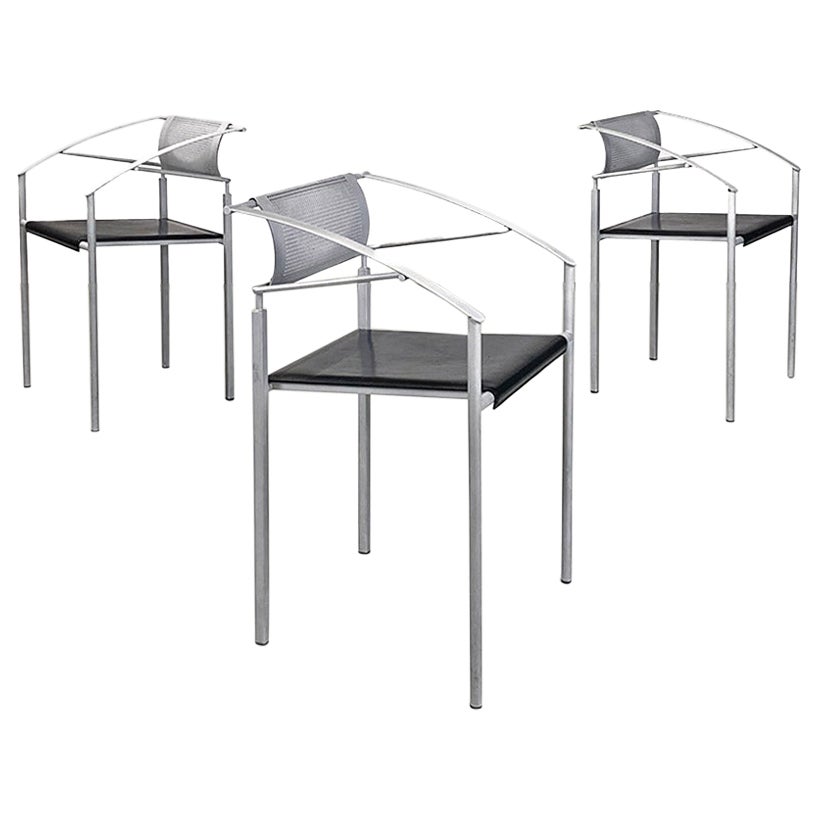 Sillas italianas de metal gris y cuero negro de Fly Line by Carrè, años 90 en venta