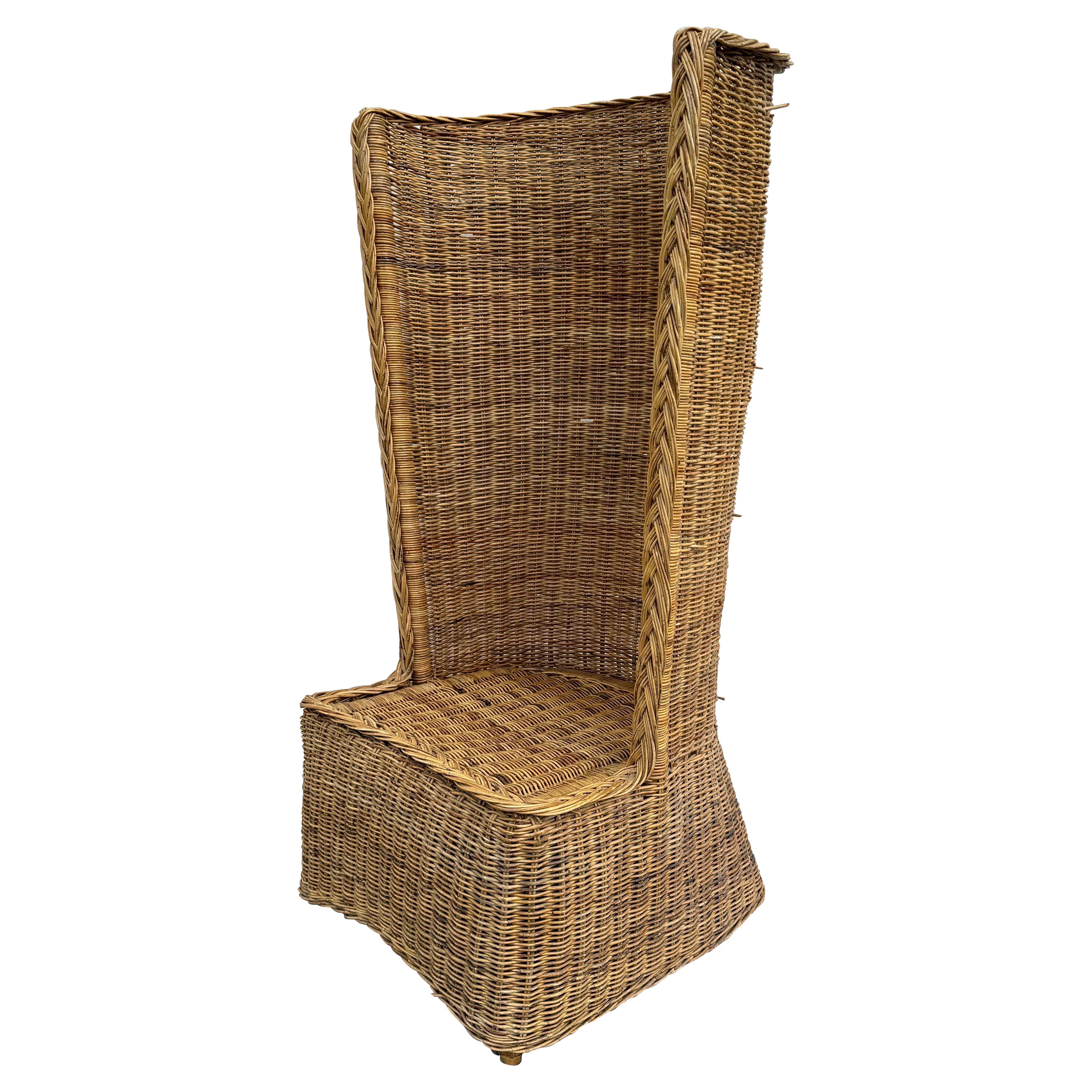 1970's High Barrel Back Rattan Chair For Sale