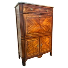 19th Century French Oak Inlaid Marble Top Drop Front Secretary Desk