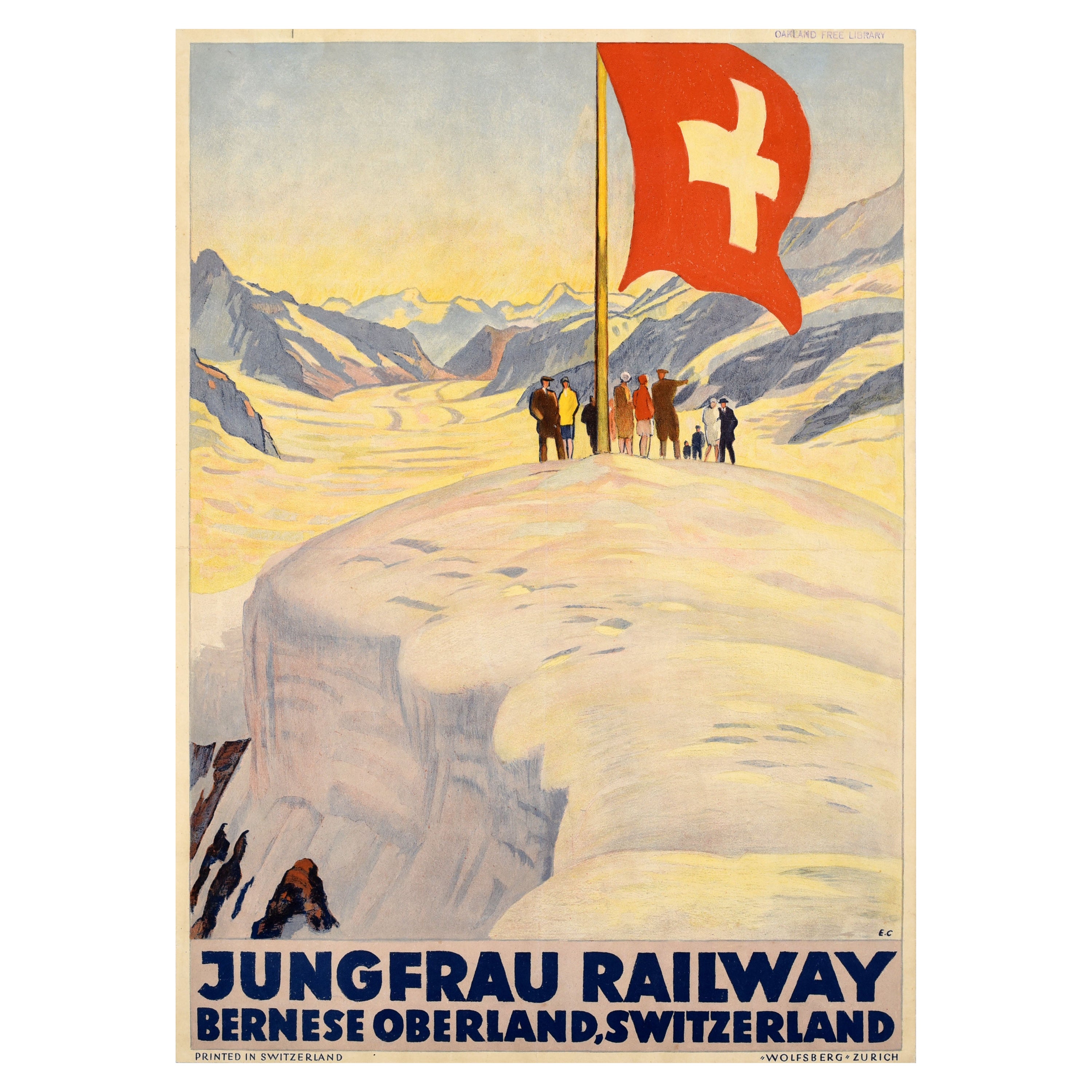 Original Antique Winter Sport Travel Poster Jungfrau Railway Bernese Oberland For Sale