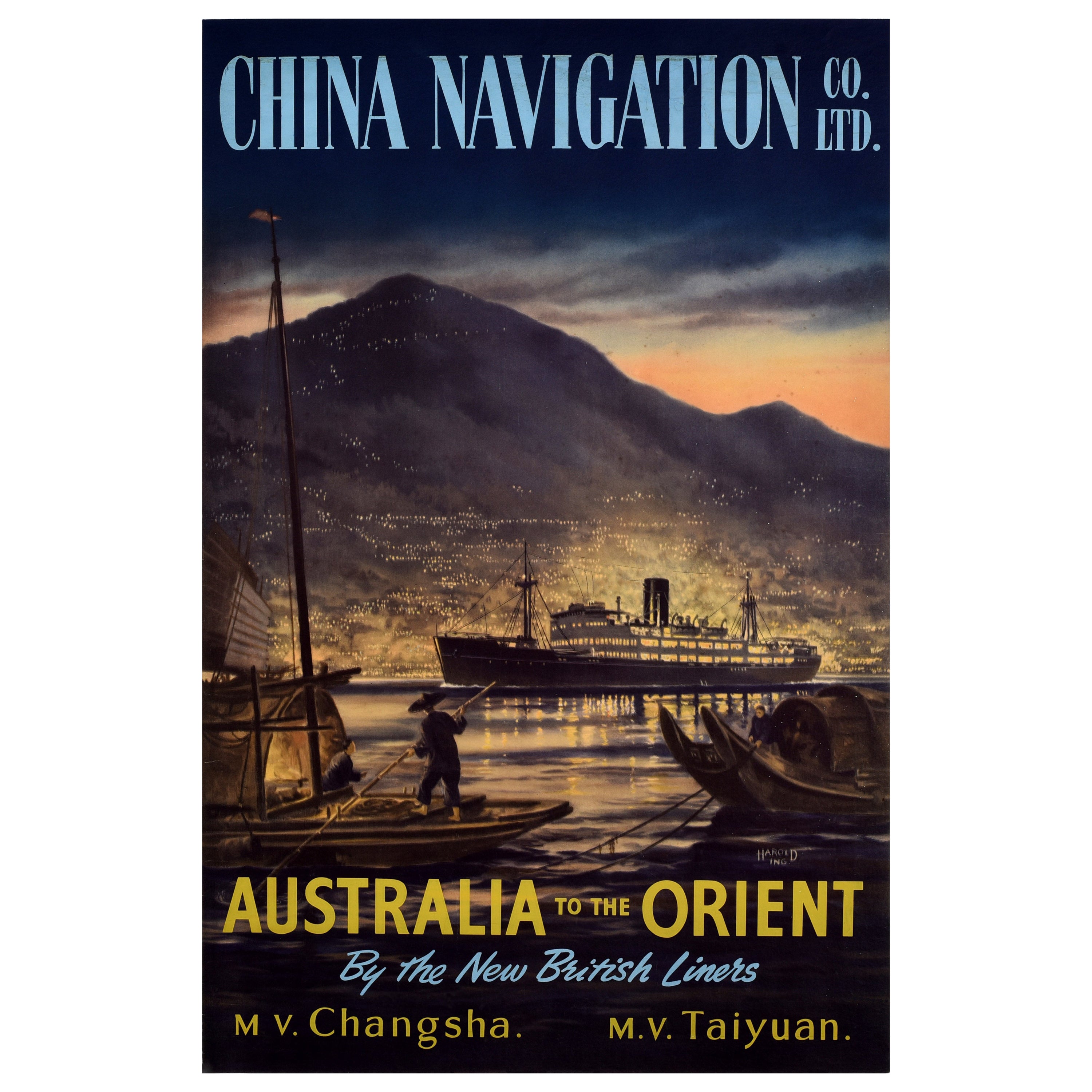 Affiche rétro originale de voyage de croisière China Navigation Australia To The Orient