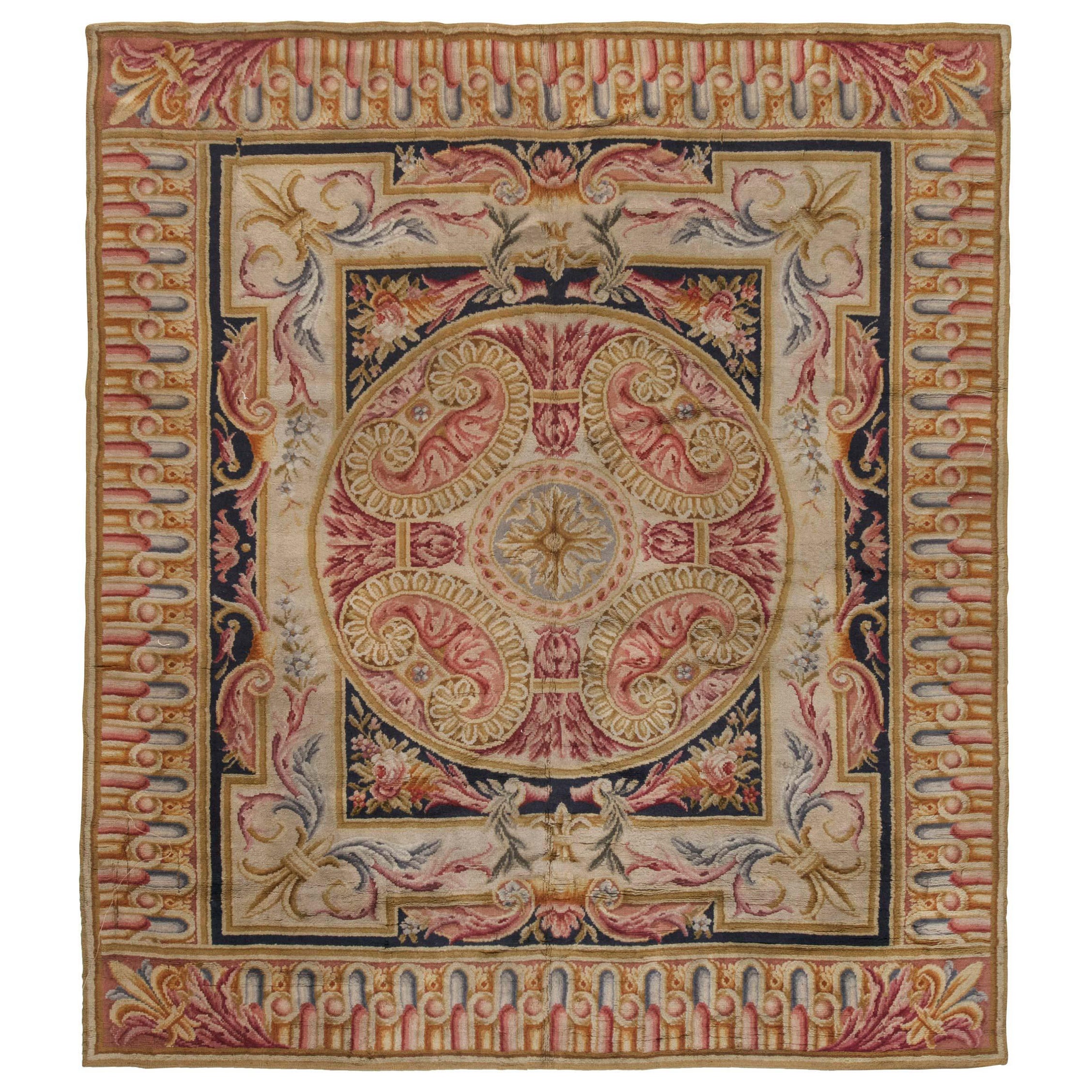 Antique Savonnerie Hand Knotted Wool Carpet For Sale