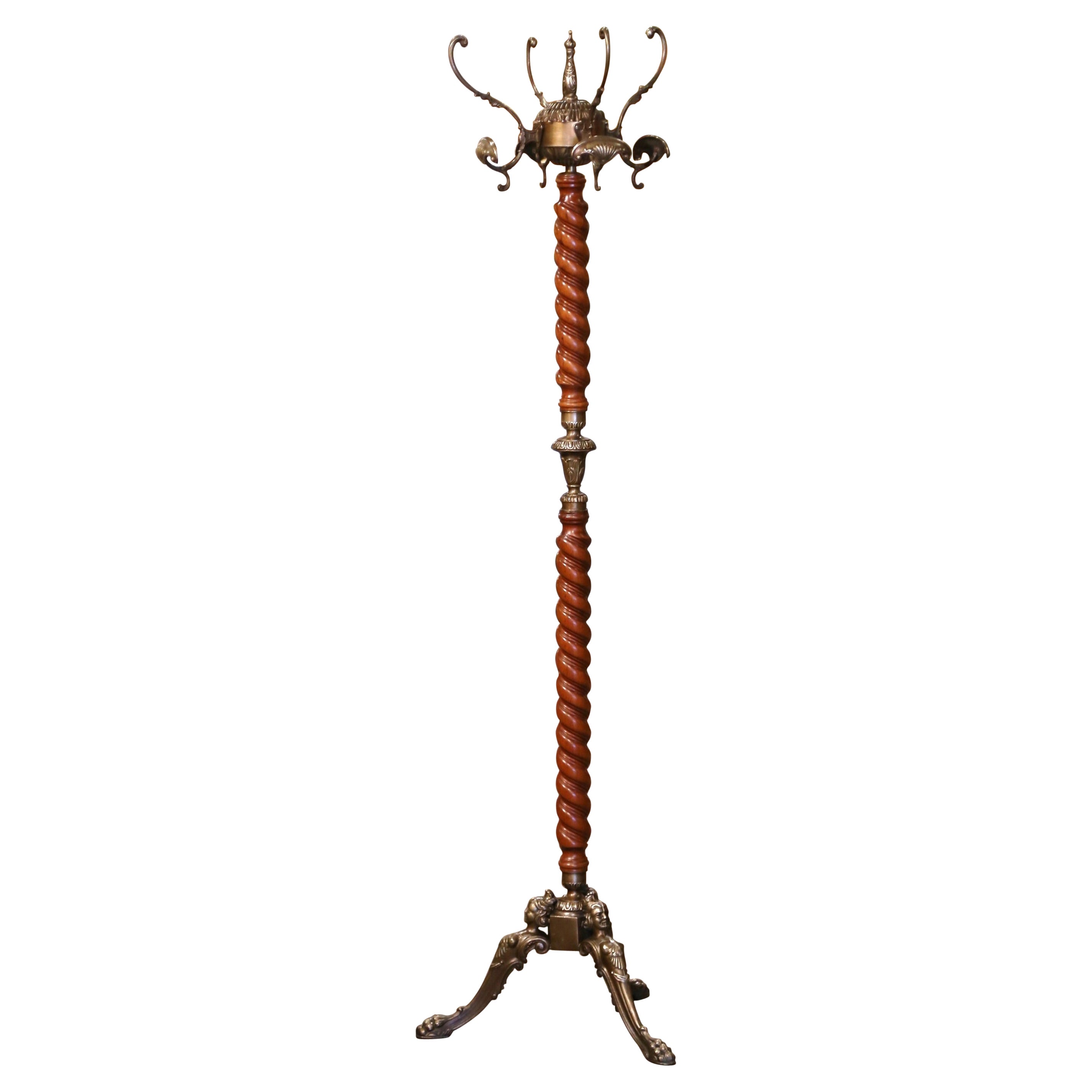 Early 20th Century French Walnut Barley Twist and Gilt Brass Standing Hall Tree For Sale