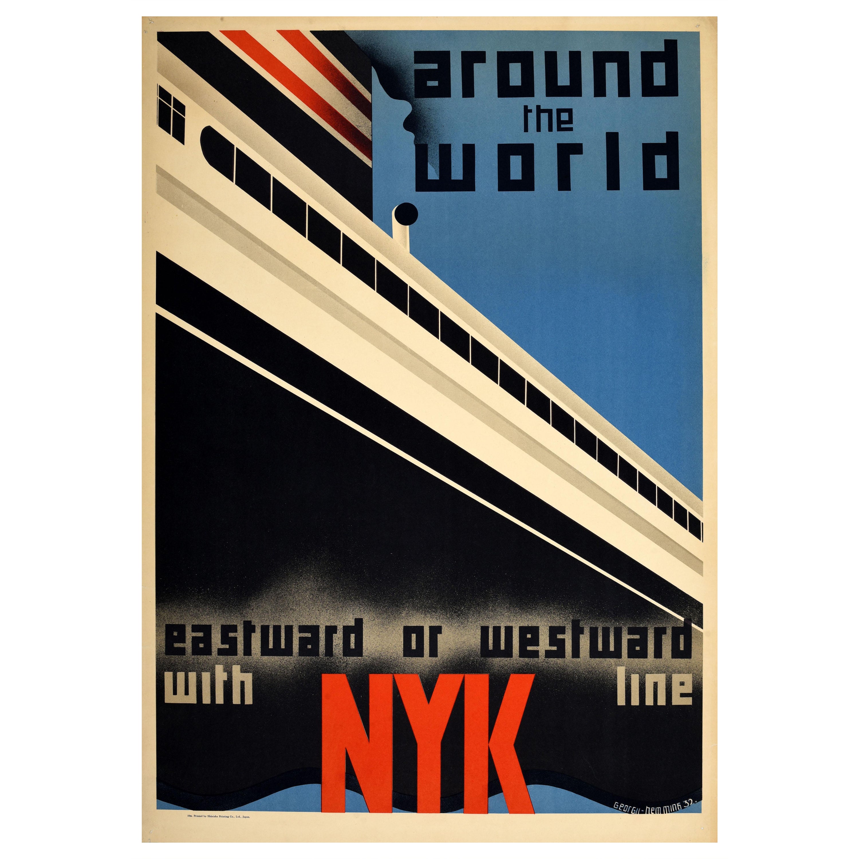 Original Vintage Travel Advertising Poster NYK Line Around The World Art Deco For Sale