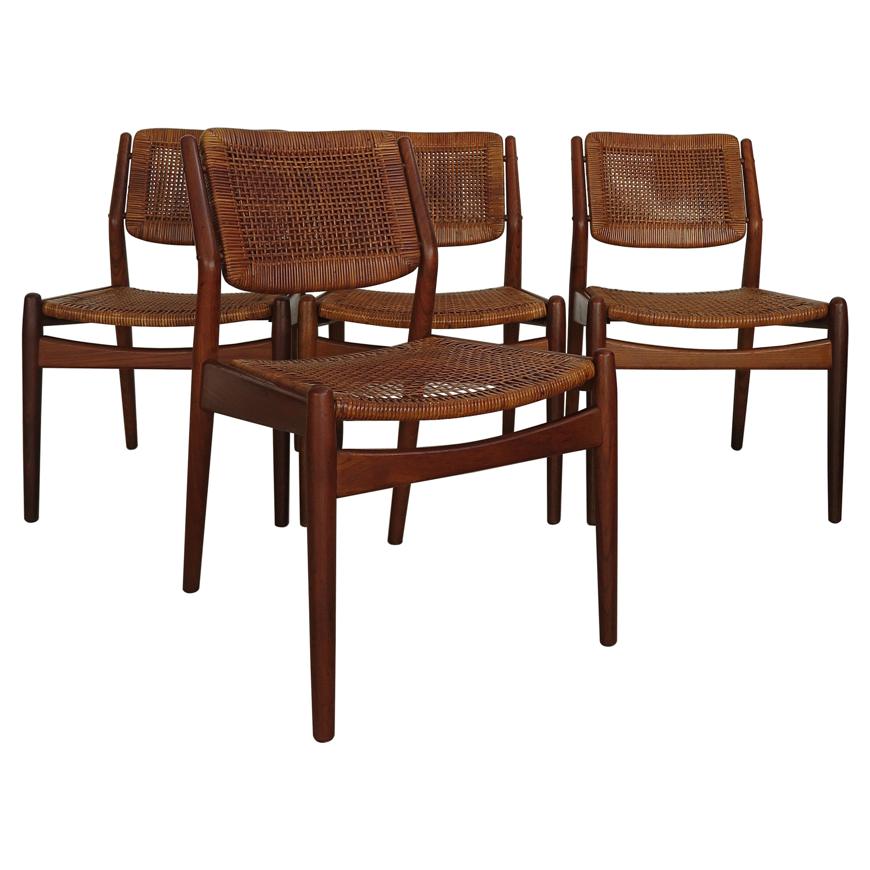 Arne Vodder Midcentury Scandinavian Teak Rattan Chairs for Sibast 1950s For Sale