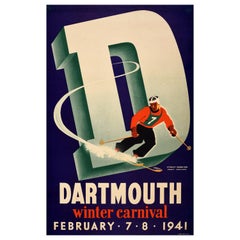 Affiche vintage originale de ski du Dartmouth College, carnaval d'hiver 1941, États-Unis