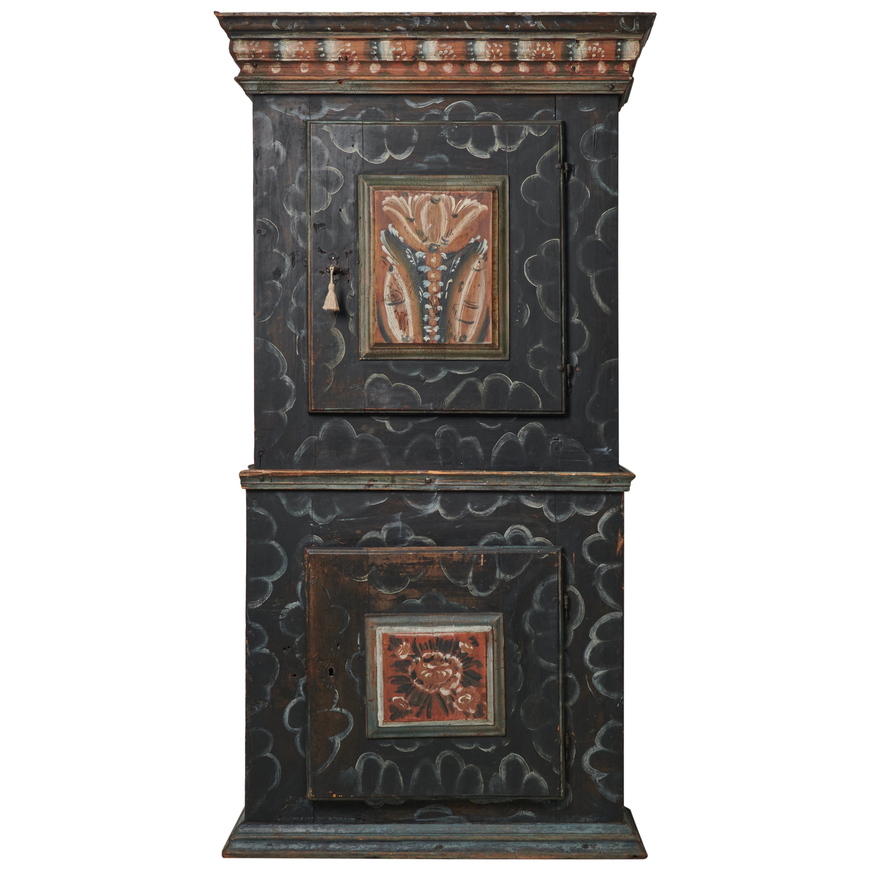 Rare Antique Handcrafted Swedish Tall Black Painted Pine Folk Art Cabinet For Sale