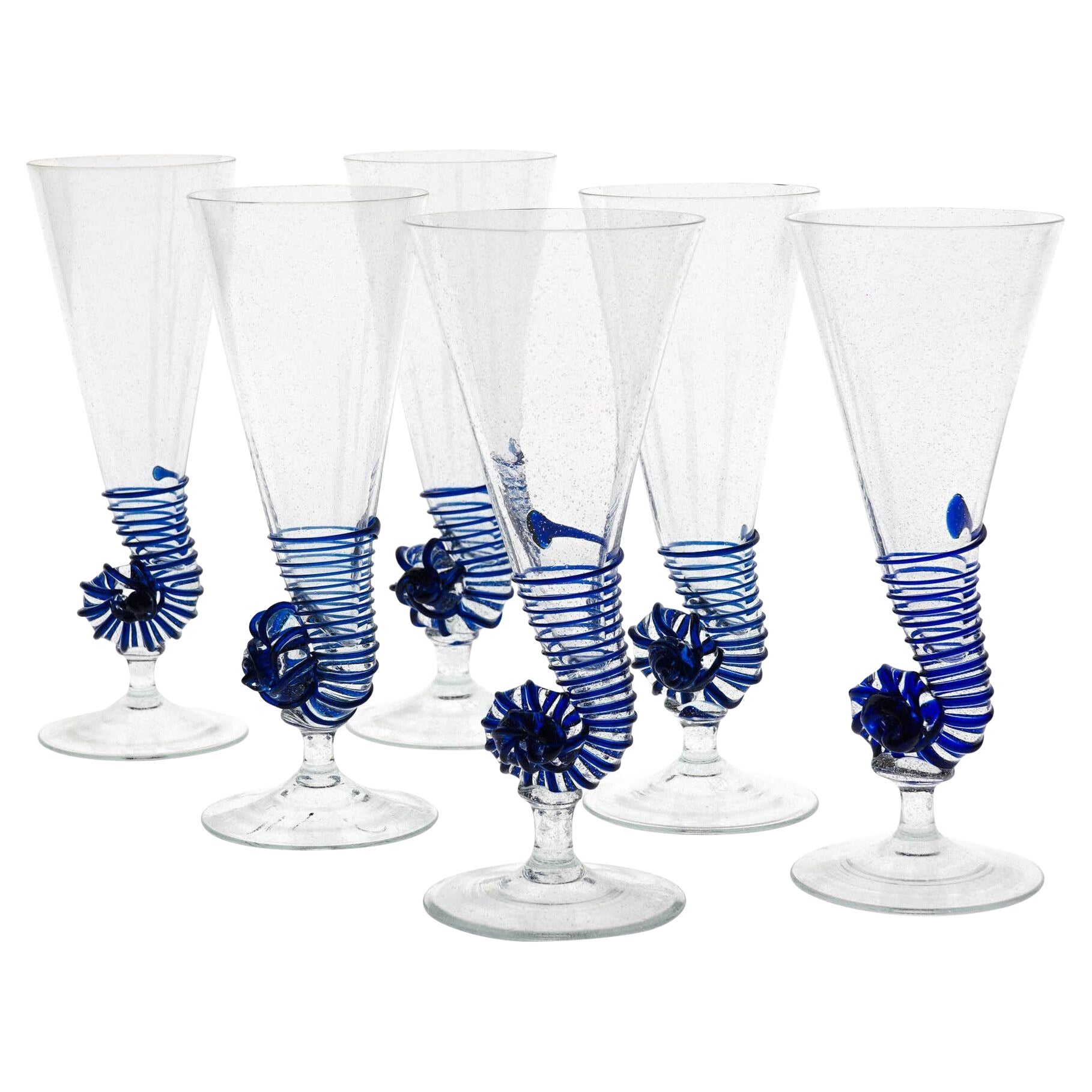 Six Cenedese Nautilus Flutes Set, Cobalt accent and Pulegoso Murano Glass signed For Sale