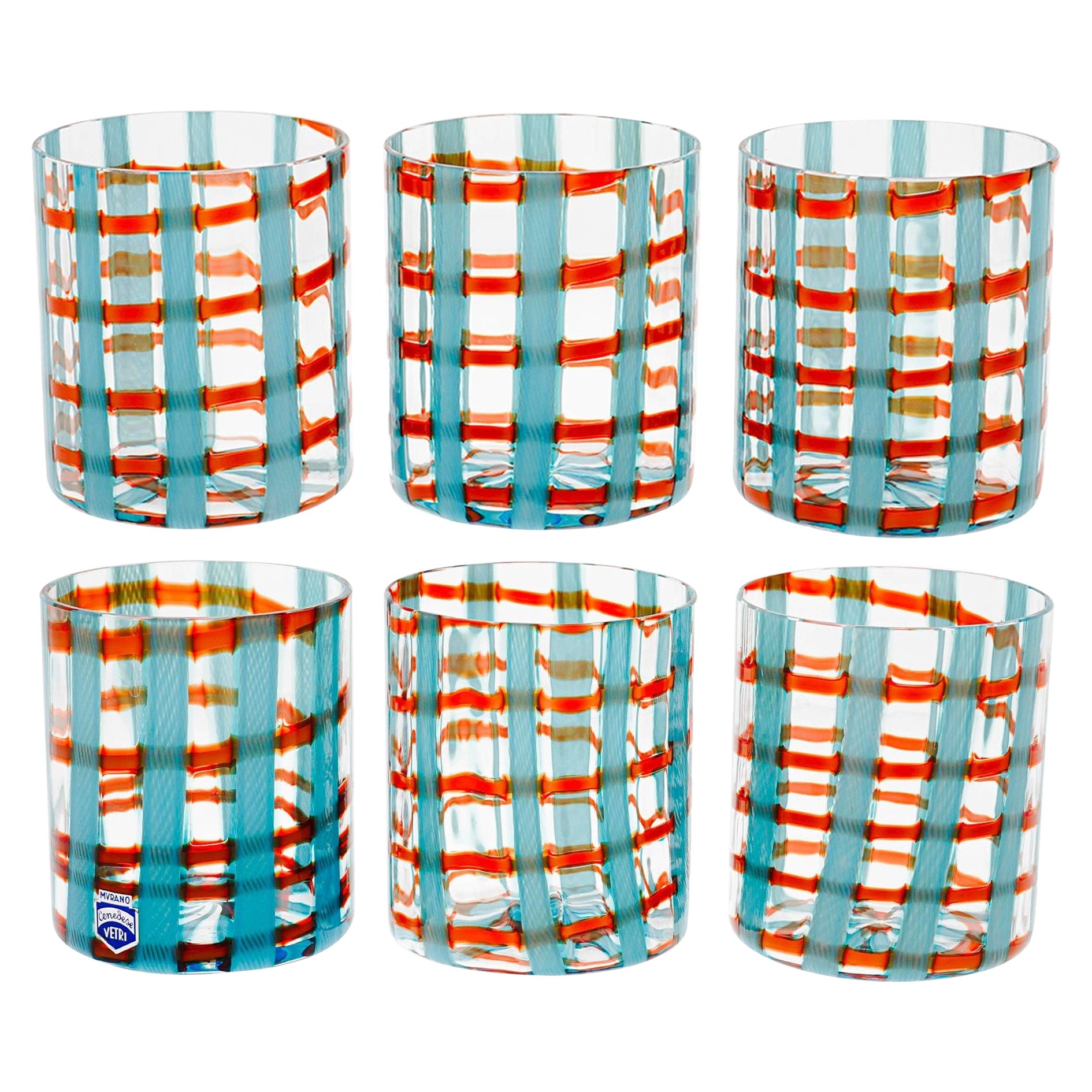 Exclusive Set, 6 Murano Tumblers, Blue Zanfirico crossing Orange Bead, Cenedese For Sale