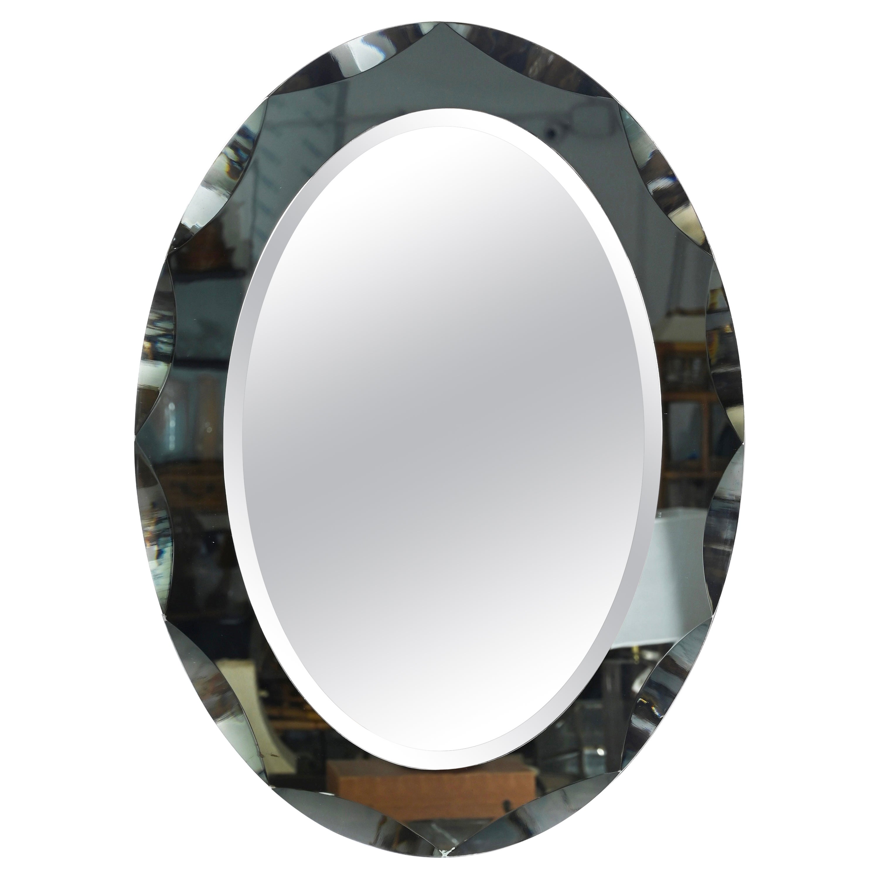Galvorame BlueGray Oval Mirror with Beveled Frame, Italy 1960s