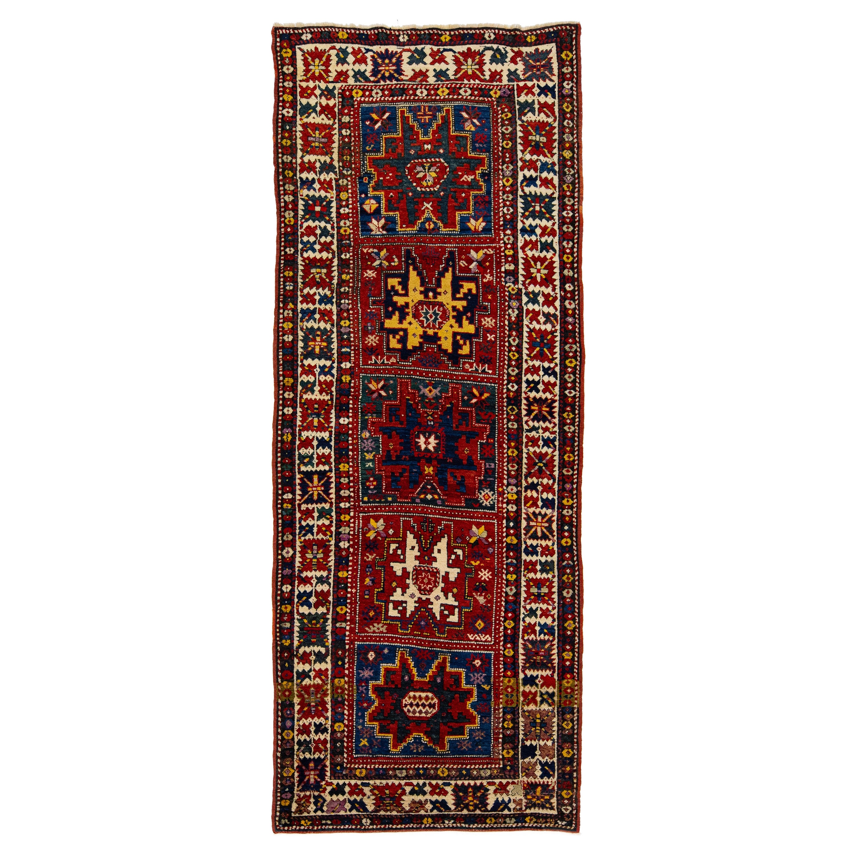 Handmade Wool Antique Runner Caucasian Kazak With Multicolor Design For Sale