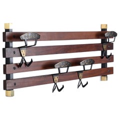 Vintage Italian Coat Rack in Teak, Brass and Black Enameled Iron, Italy 1960s