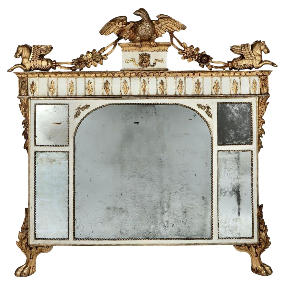19. Jahrhundert. Italienisches Overmantle aus vergoldetem Holz mit Original-Spiegeltellern