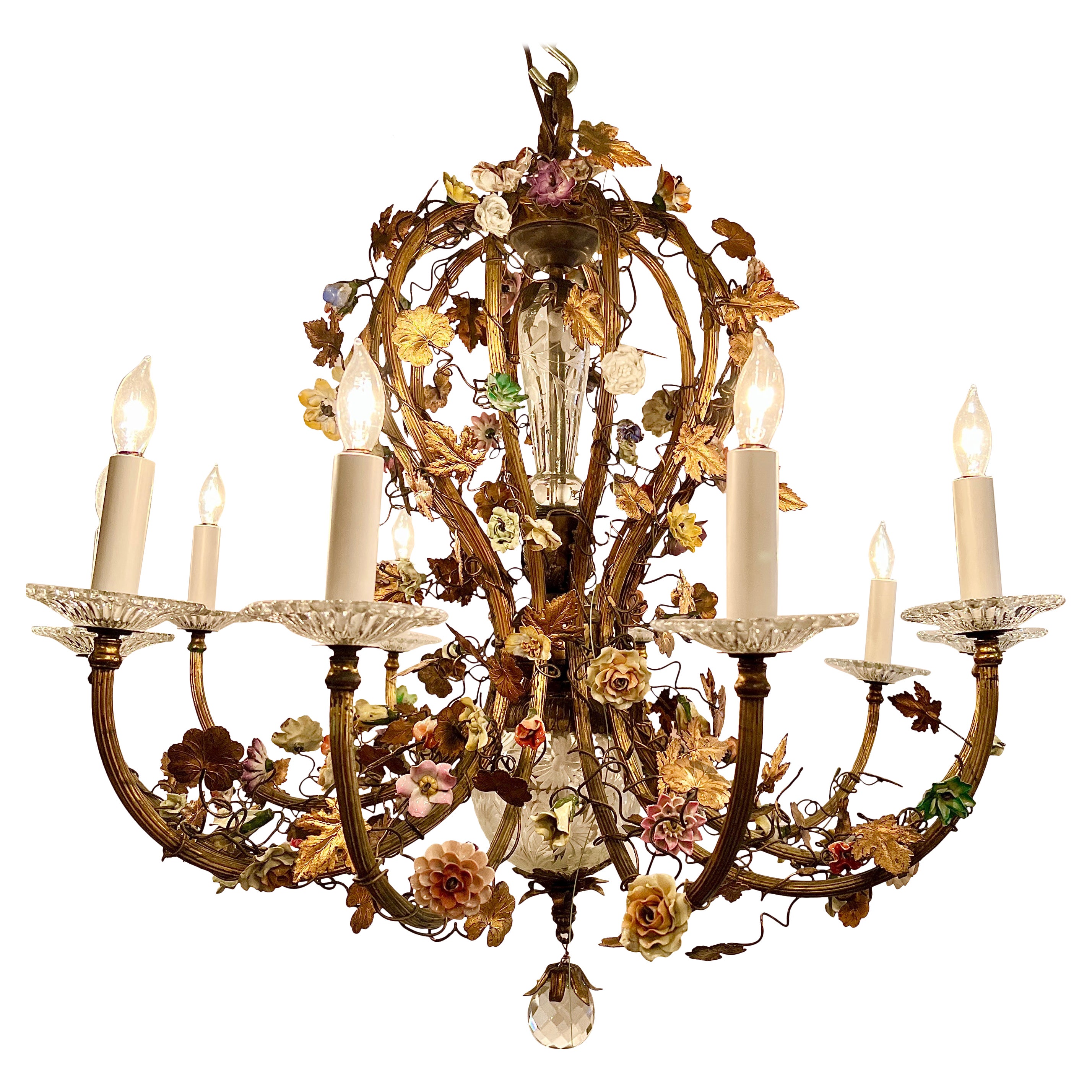 Antique French Gold Bronze Chandelier With Dresden Porcelain Flowers, Circa 1890
