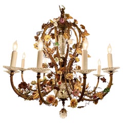 Antique French Gold Bronze Chandelier With Dresden Porcelain Flowers, Circa 1890
