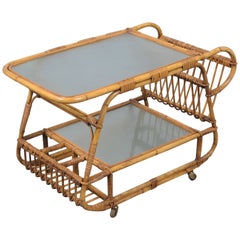 Used 1960s Bamboo Bar Cart with Glass Tiers and Caster Wheels