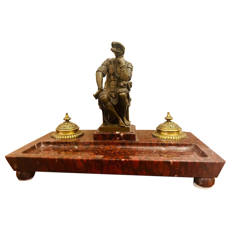 Italian inkwell in bronze and marble circa 1850. For Sale