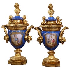 Pair of 19th Century French Blue Porcelain and Gilt Bronze Sèvres Urns Vases