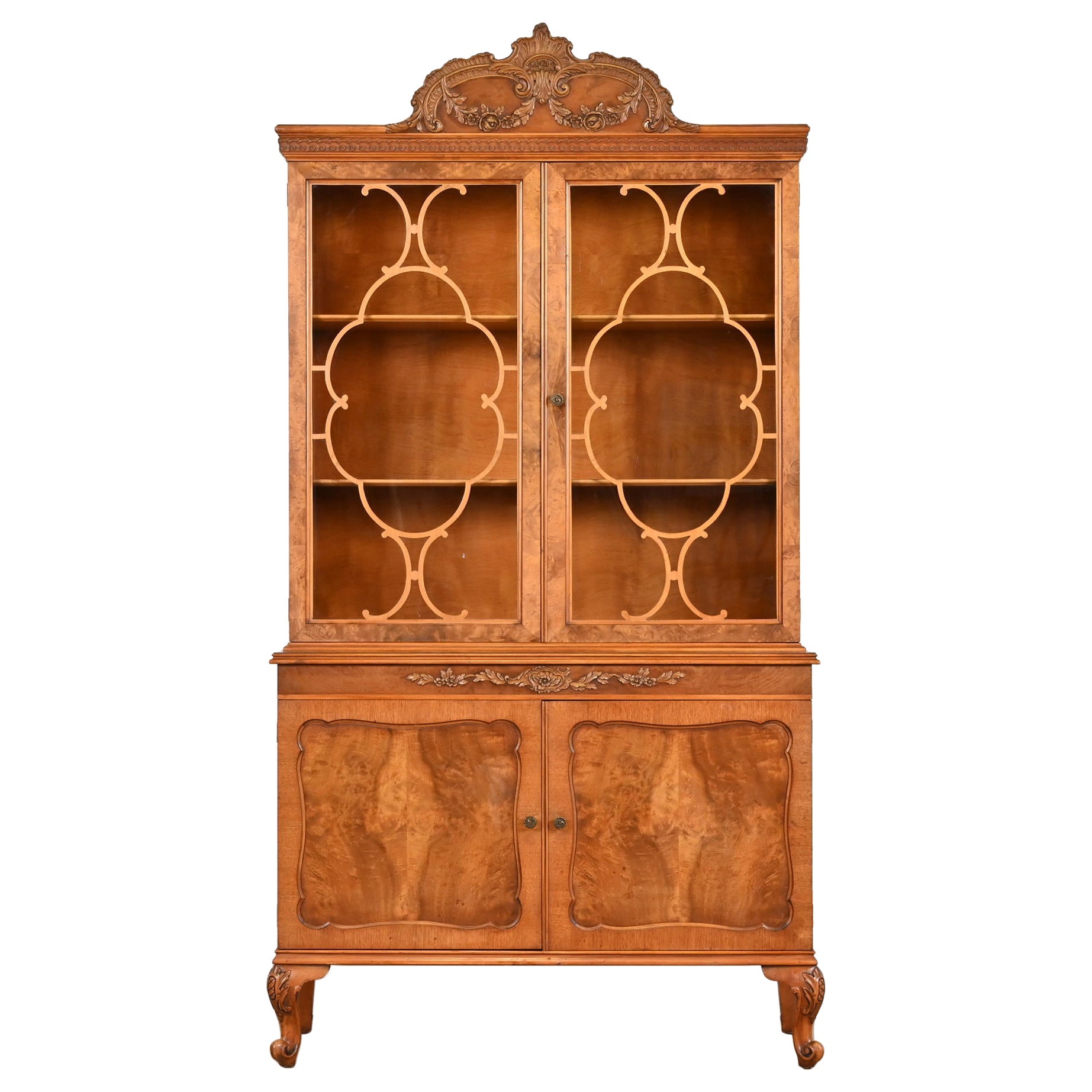 Romweber French Provincial Louis XV Burl Wood Breakfront Bookcase Cabinet, 1920s For Sale