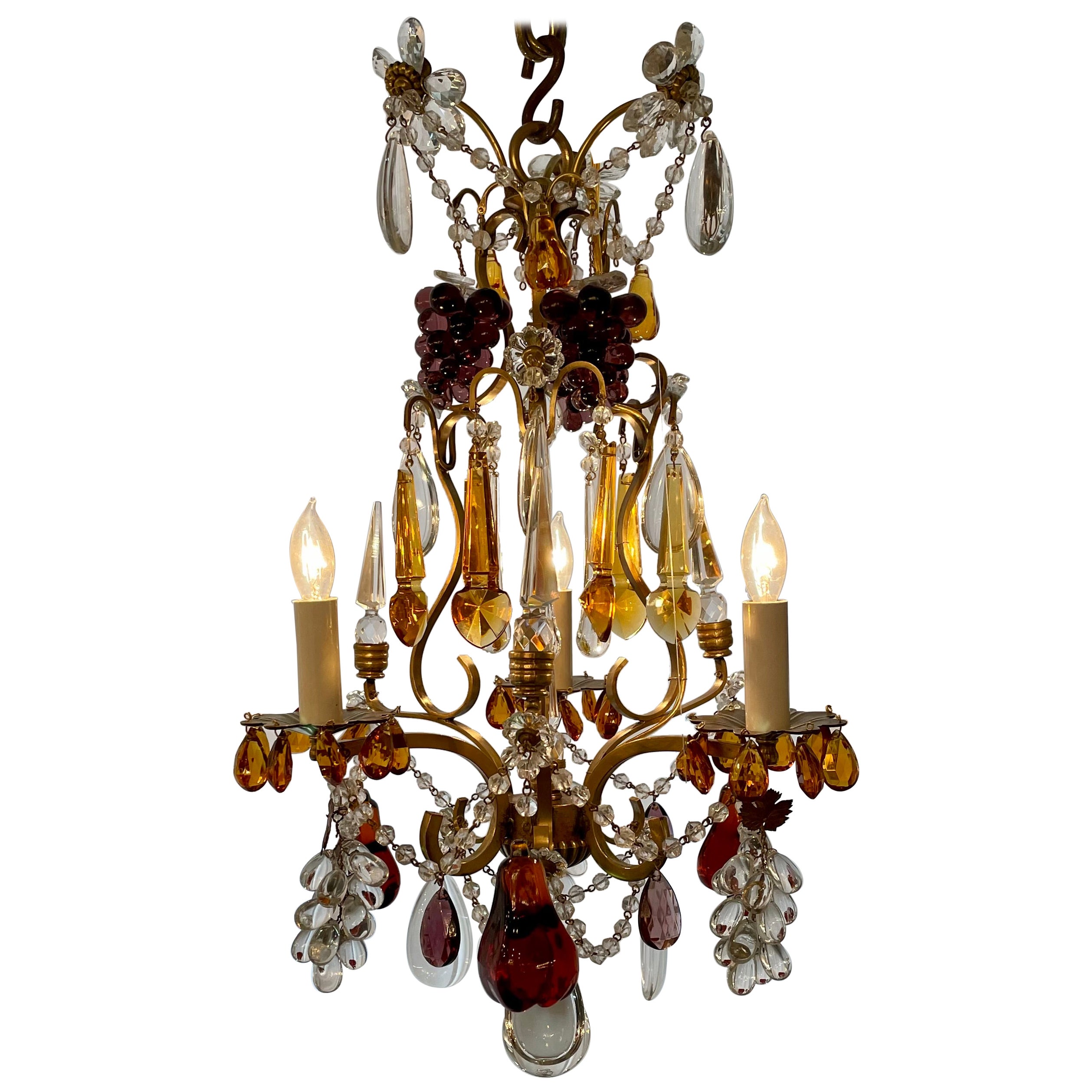 Antique French Multi-Colored Baccarat Crystal & Gold Bronze Chandelier, Ca 1880.