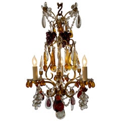 Antique French Multi-Colored Baccarat Crystal & Gold Bronze Chandelier, Ca 1880.