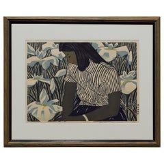 Okiie Hashimoto Color woodblock, 1952. "Girl with Irises"
