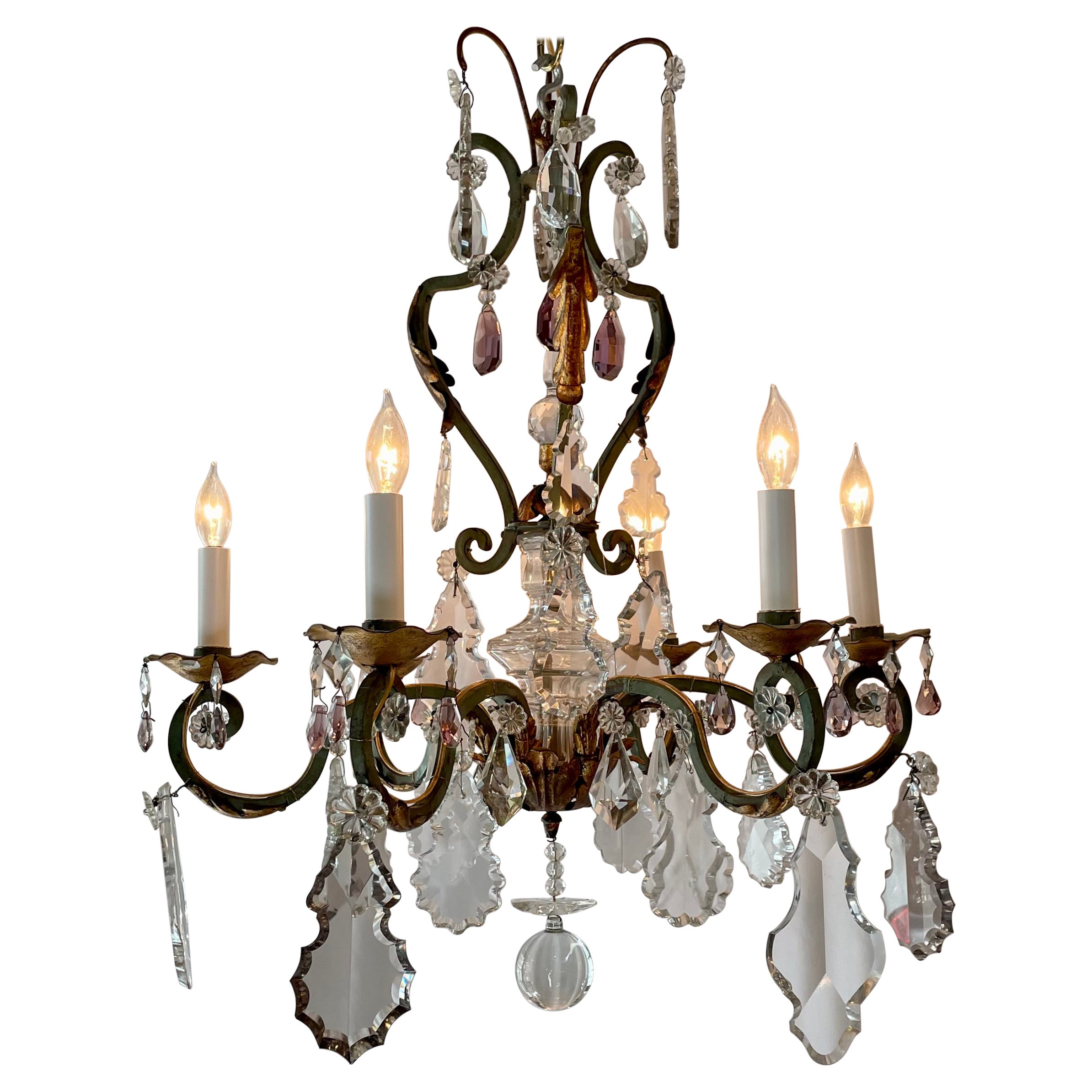 Estate French Wrought Iron and Clear & Colored Cut Crystal Chandelier Circa 1920 For Sale