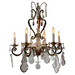 Antique Estate French Wrought Iron and Clear & Colored Cut Crystal Chandelier Circa 1920