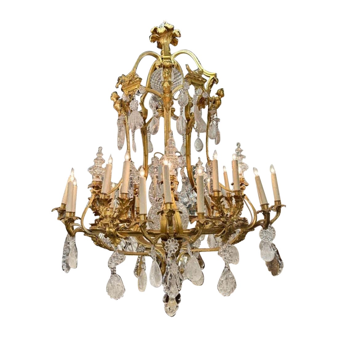Grande lampadario in cristallo di rocca e dorato francese del XIX secolo