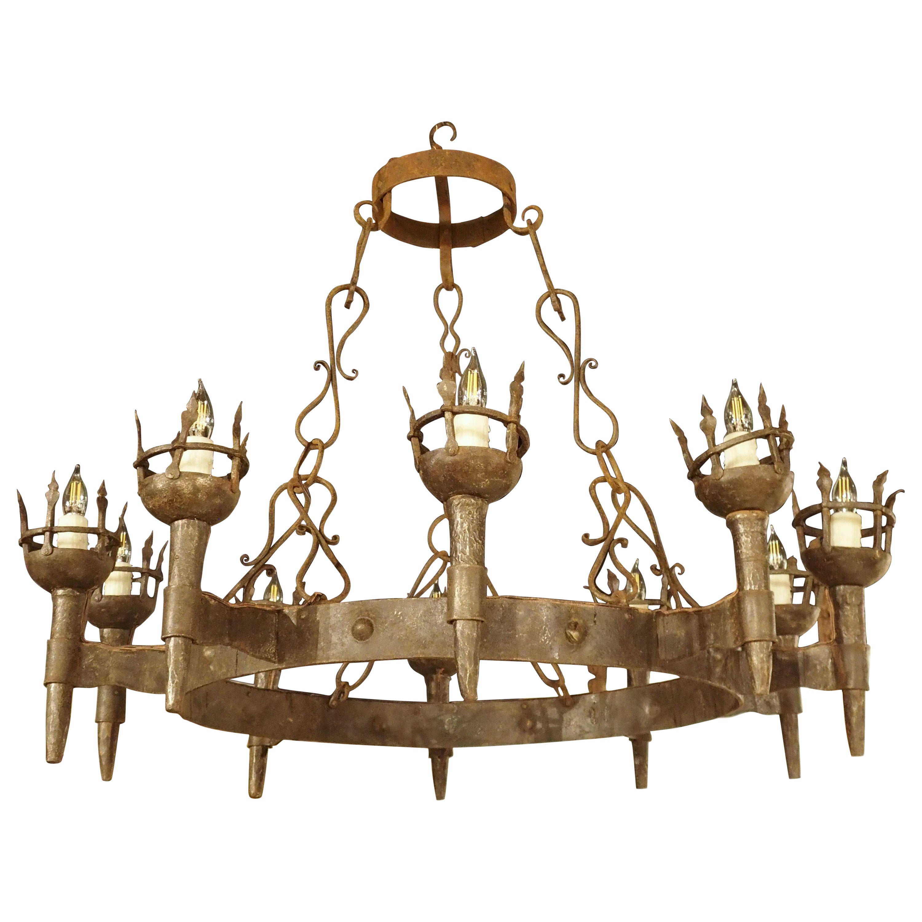 Large Antique Wrought Iron 10-Light Torch Chandelier from France, Late 1800s