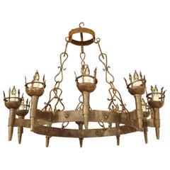 Grande lampadario a torcia antico in ferro battuto a 10 luci dalla Francia, fine 1800