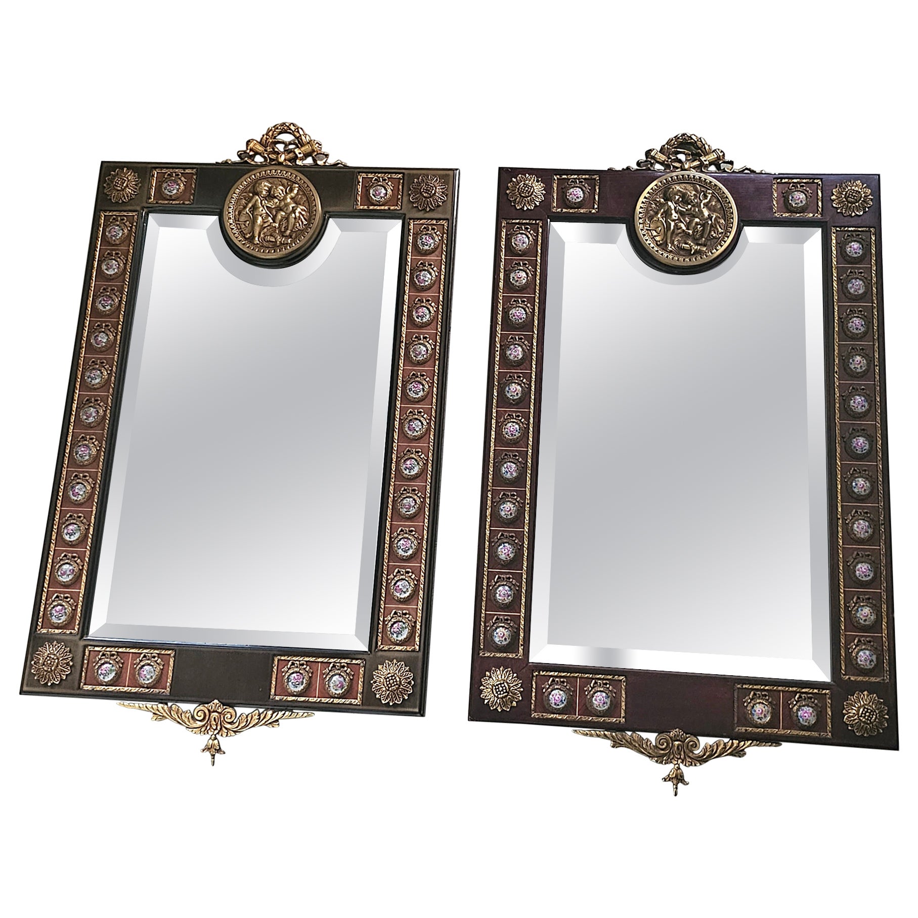 20th Century Mariner Louis XV Marquetry Ormolu & Porcelain Inset Mirrors, a Pair For Sale