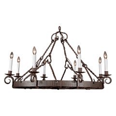 Antique Italian Forged Iron Round Chandelier, Gothic Revival, Late 19th Century 
