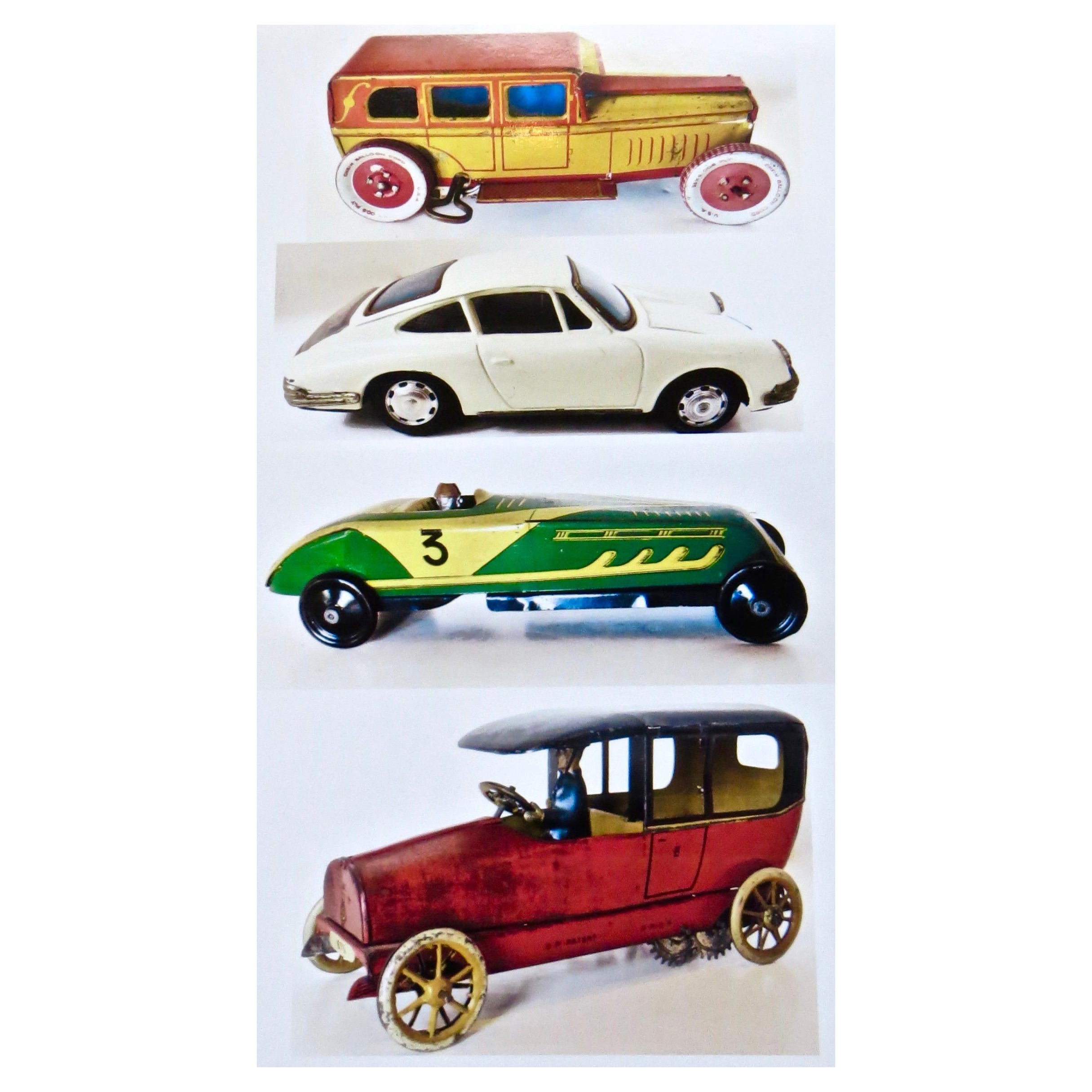 (4) Alle Original-Spielzeugwagen im frühen Vintage-Stil. Porsche, Limo, Lehman Sedan, Rennwagen